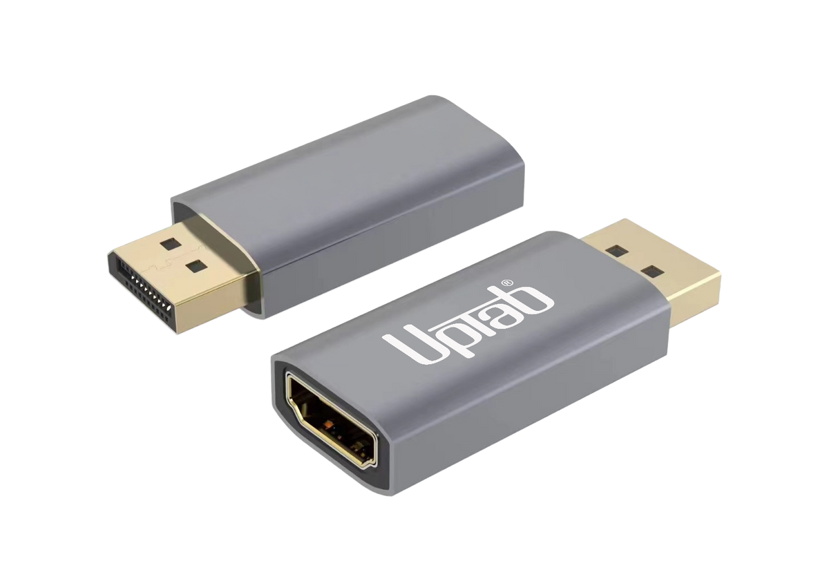 Two gray DisplayPort to HDMI 2.1 adapter cables with gold-plated connectors, shown on a clean white background. One adapter displays the white 'UplaB' brand logo.