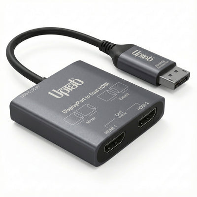 UPTab DisplayPort to Dual HDMI 4K@60hZ adapter with Uppat branding on a white background