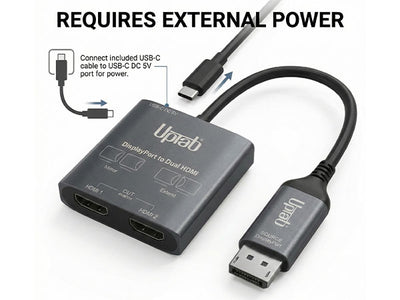 DisplayPort to Dual HDMI adapter with USB-C cable on a white background
